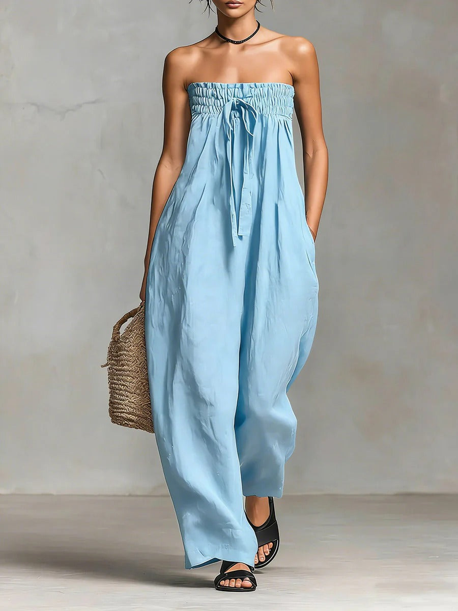 Strapless Smocked Linen Wide-Leg Jumpsuit