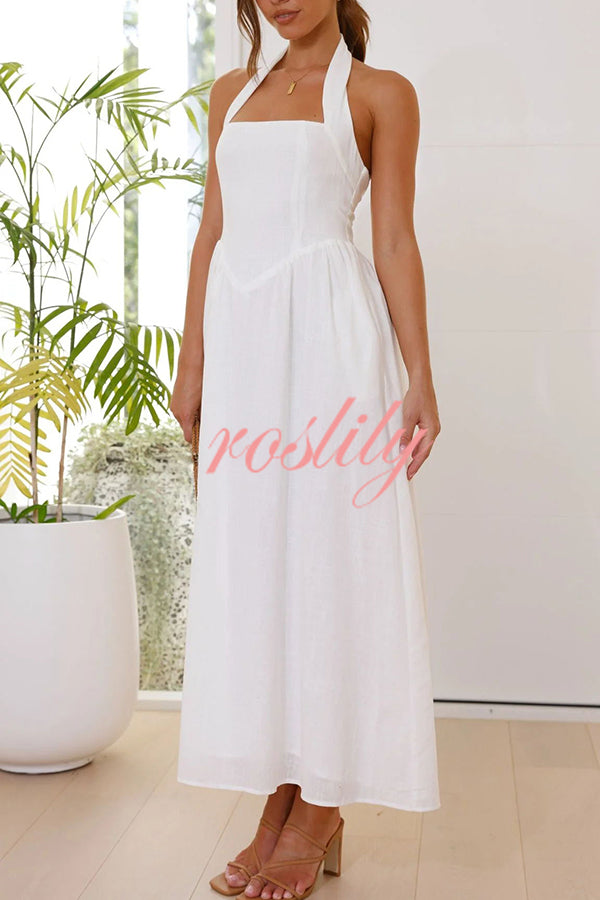 Brunch in Bali Linen Blend Halter Neck Pocketed Maxi Dress