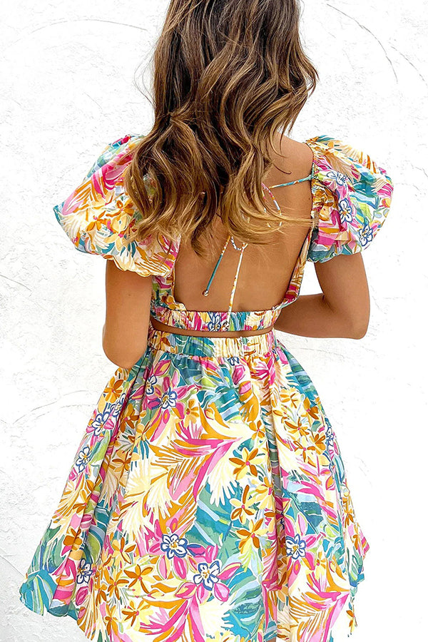 How Sweet Floral Puff Sleeve Cutout Elastic Waist Mini Dress