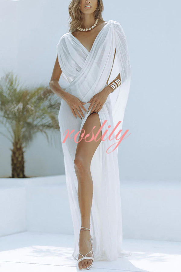 Enjoy Your Vacation Linen Blend Ruched Shoulder Drape Loose Cover Up Maxi Dress