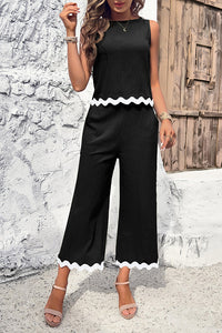 Wave Trimmed Round Neck Buttoned Elastic Waist Pants Suit