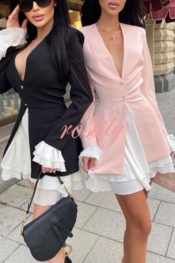 Sherna V-neck Ruffled Patchwork Button Up Long Sleeve Mini Dress