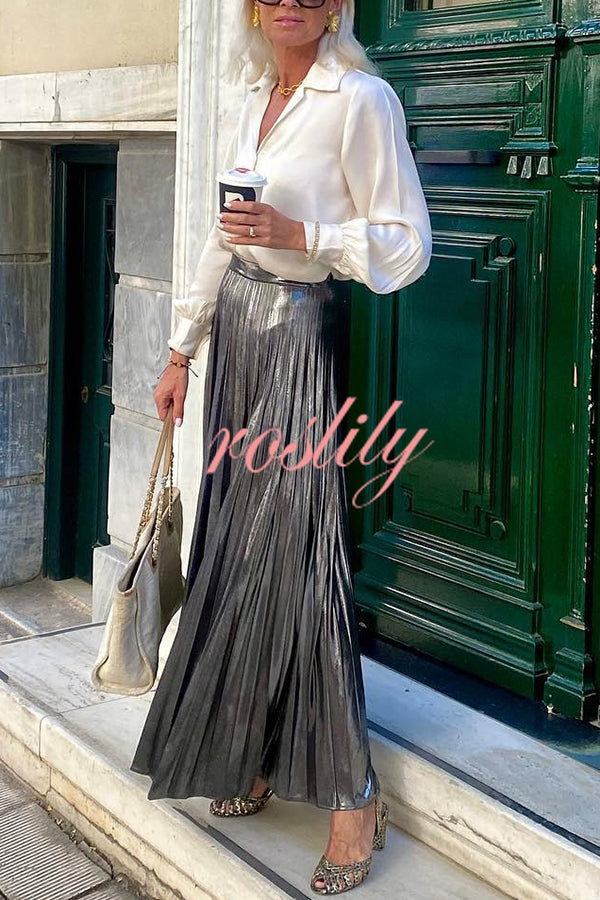 Fashionable Metallic Pleated Back Elastic Waist Maxi Skirt