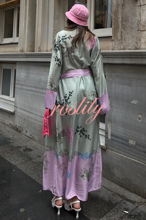 Karty Satin Unique Print Long Sleeve Belt Lapel Kimono Cover-ups