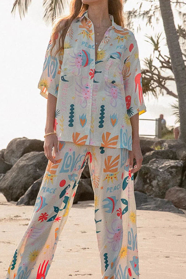 Abstract Sea Creature Print Button Pockets Elastic Waist Pant Suit