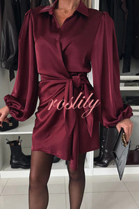 Solid Satin Long Sleeve Tie Waist Irregular Mini Dress