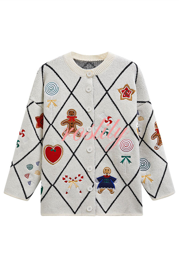 Argyle Candy Gingerbread Man Embroidered Button-knit Cardigan