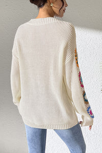 Fashion Hook Flower Long Sleeve V-Neck Loose Knitted Sweater