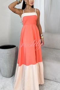 Fashionable Contrast Color Stitching Sling Maxi Dress