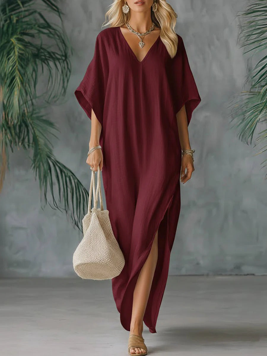 Solid Color V-neck 3/4 Sleeve Loose Cotton And Linen Dress