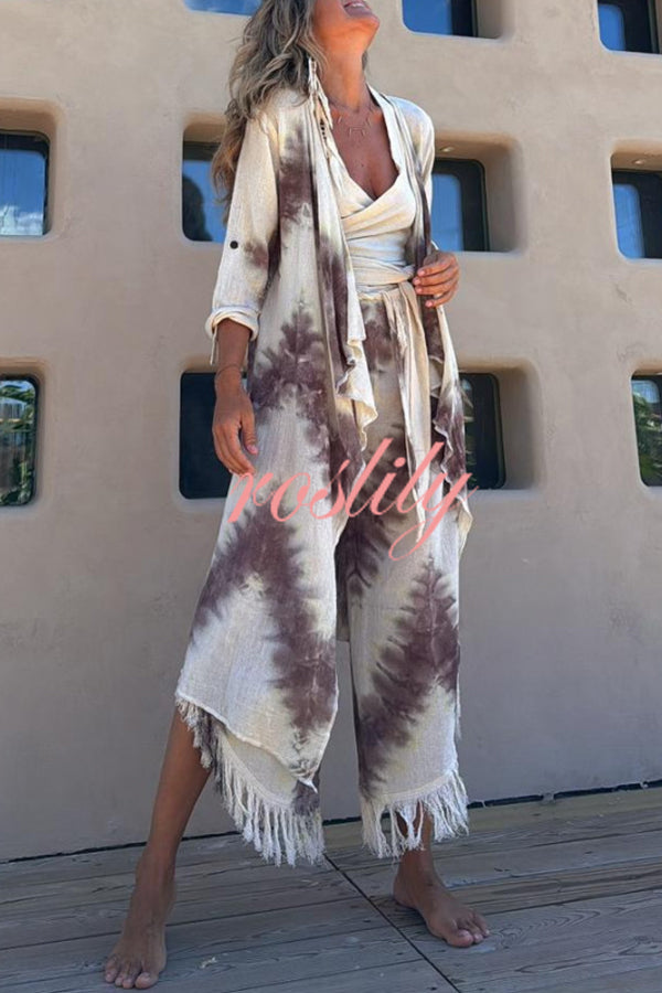 Kailani Linen Blend Tie-dye Print Irregular Hem Duster Kimono