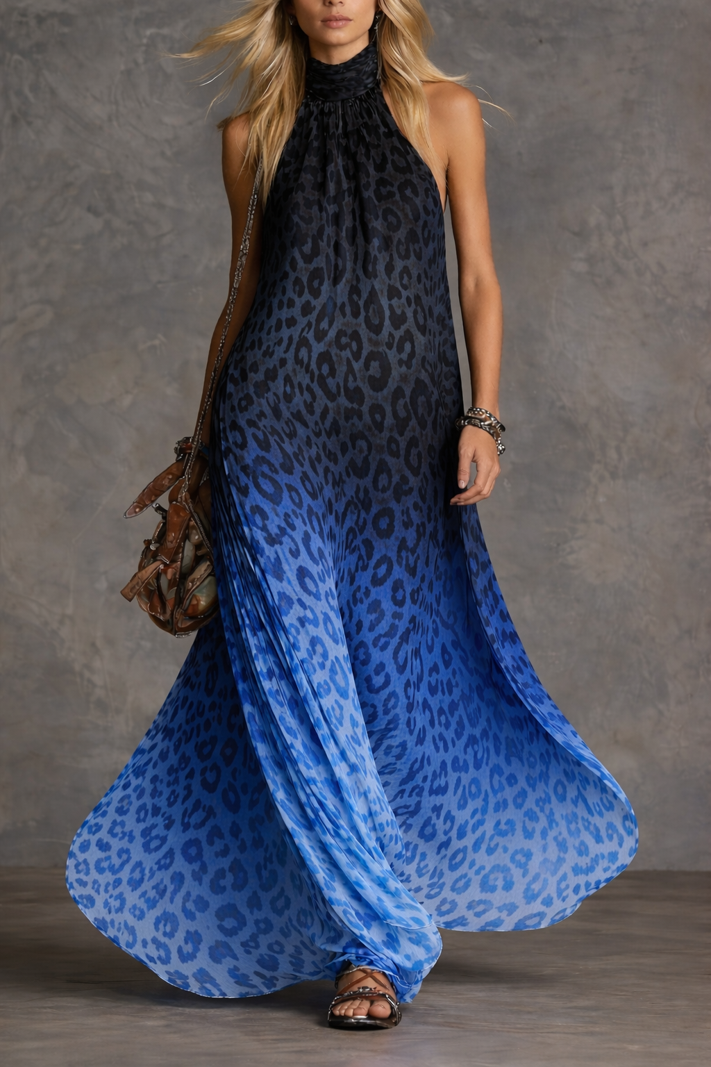 Gradient Leopard Print Chiffon High-neck Sleeveless Maxi Dress