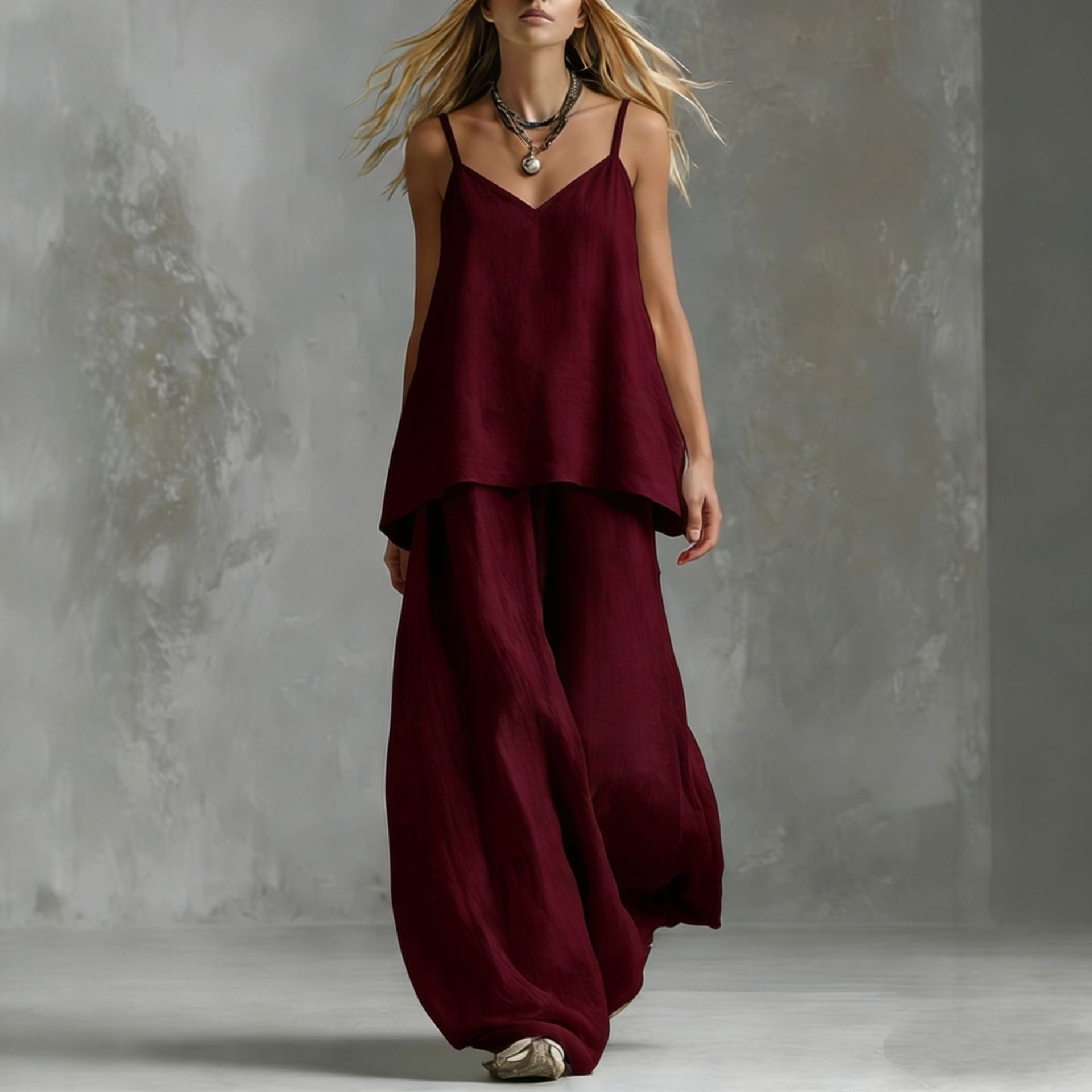 Linen Cami Two-Piece Set - V-Neck Top & Palazzo Pants
