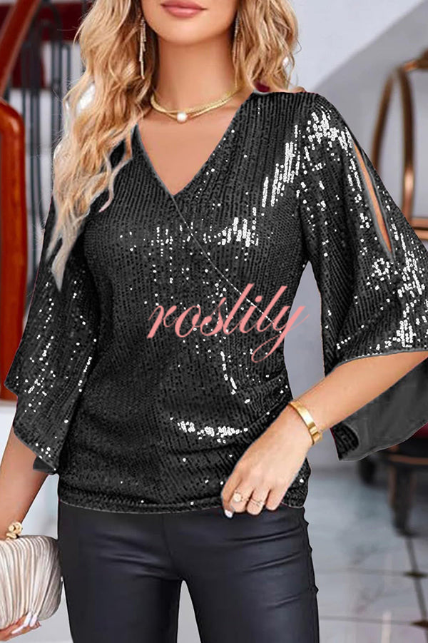 Solid Color Sequined V-neck Hollow Sleeve Slim Fit Top