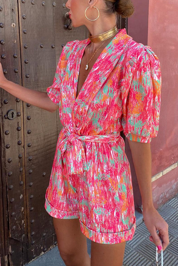 Joyful Smiles Printed Puff Sleeve Lapel Belted Romper