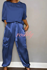 Calissa Smooth Satin Half-sleeved Top and Elastic Waist Pocket Pants Set