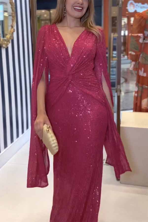 Shine Brighter Sequin Cape Sleeve Cross Waist Evening Maxi Dress