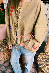 Fashionable Embroidered Lace-up Long-sleeved Loose Top