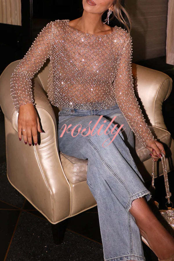 Champagne Kiss Sparkling Pearls Long Sleeve Loose Sheer Top