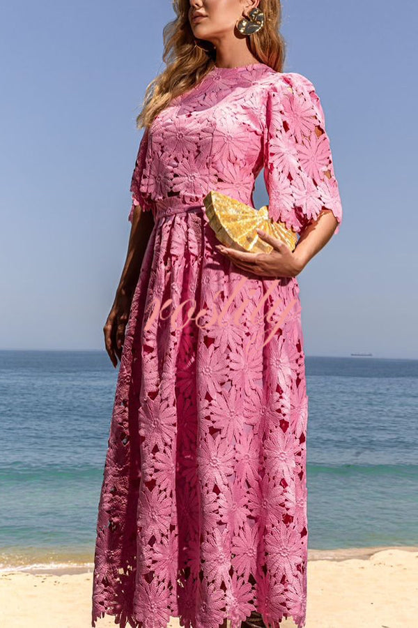 Elegant Embroidered Hollow Flowers Bell Sleeve Top and Full Hem Maxi Skirt Set