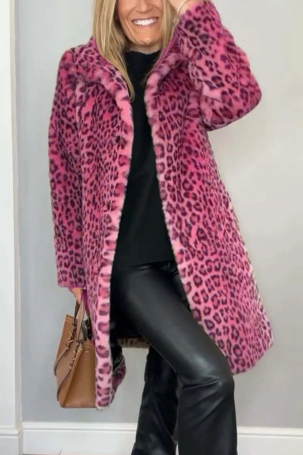 Leopard Print Lapel Long Sleeve Mid-length Plush Coat