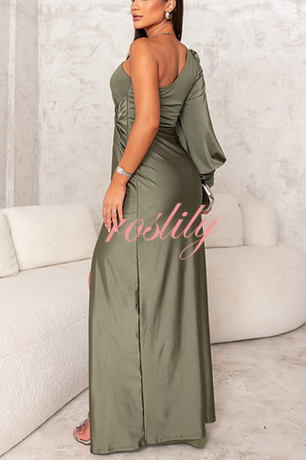 Country Party Charm Satin One Shoulder Twist Detail Slit Maxi Dress