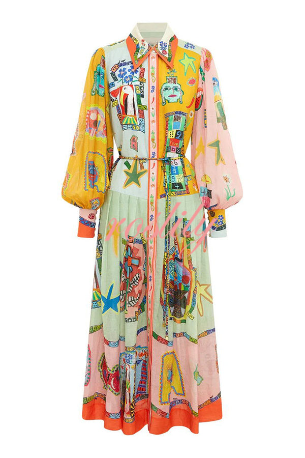 Set for Vacay Unique Print Colorblock Balloon Sleeve Belt Shirt Midi Dress