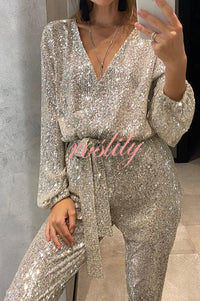 Cheers To You Sequin Long Sleeve Belted Wrap Loose Jumpsuit