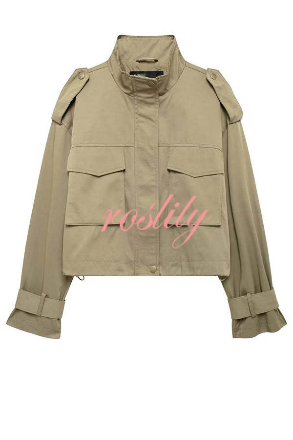 Classic Charm Strap Details Pocketed Cargo Style Zipper Loose Jacket