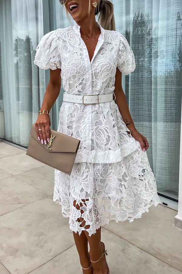 Absolutely Elegant Floral Crochet Lace Puff Sleeve Belted Shirt Midi Dress