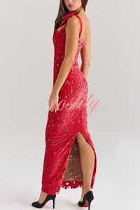 Holiday Intimacy Embroidered Floral Lace Bow Shoulder Straps Slit Maxi Dress