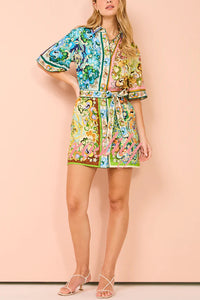 Sasha Linen Blend Unique Printed Shirt Style Tie-waist Mini Dress