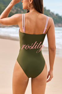 Fashionable Color-blocked Metal Button Stretch One-piece Swimsuit