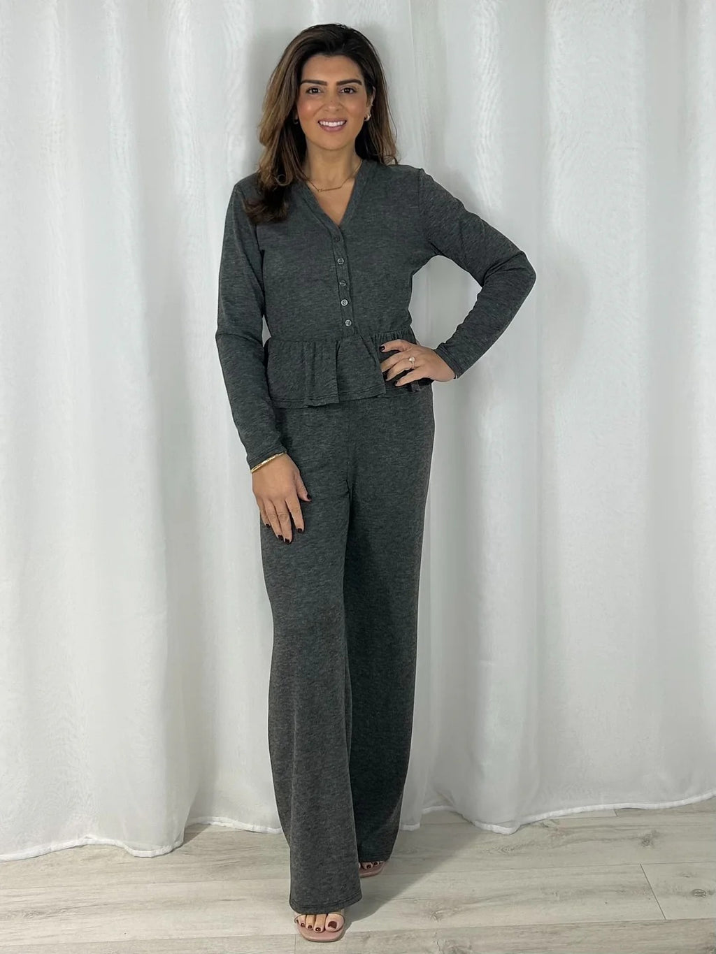 Long Sleeve Peplum V-Neck Top & Straight Leg Trouser Co-Ord