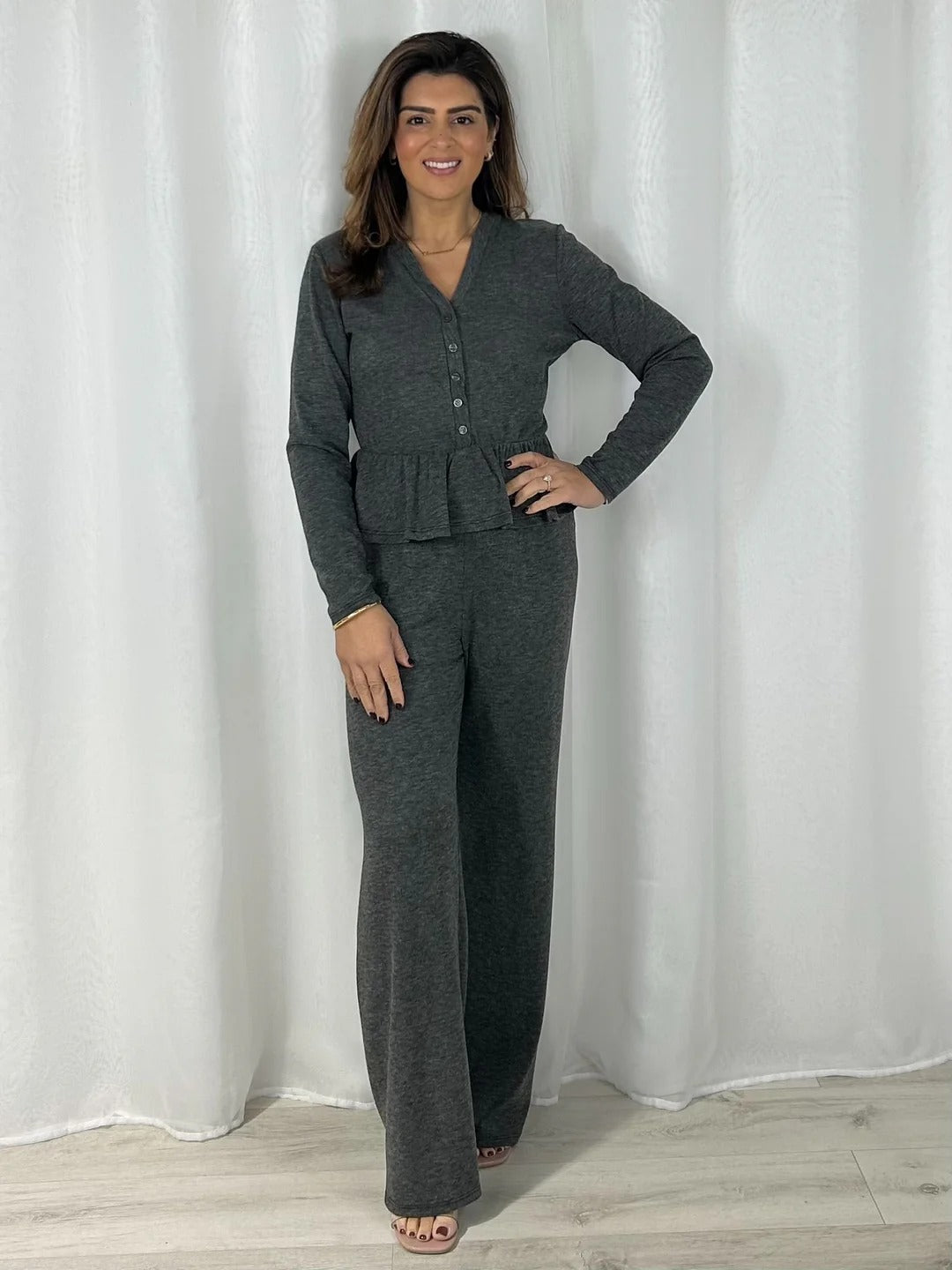 Long Sleeve Peplum V-Neck Top & Straight Leg Trouser Co-Ord