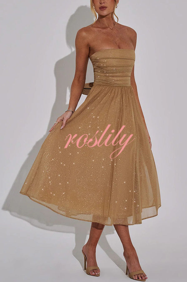 Marissa Glitter Mesh Fabric Off Shoulder Back Bow Detail Midi Dress