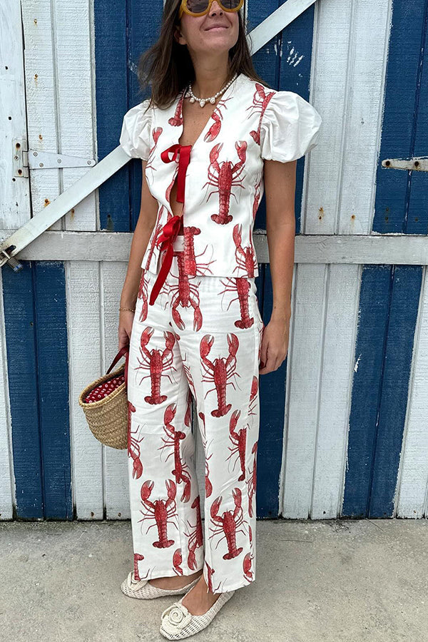 Fun Vacation Lobster Print Front Tie-up Puff Sleeve Loose Shirt