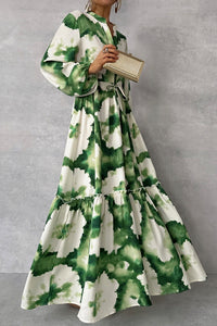 Unique Printed V-neck Long Sleeve Waist Tie-down Maxi Dress