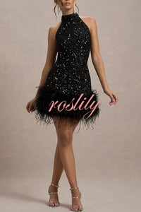 Dazzling and Playful Sequin High Neck Feather Trim Stretch Mini Dress