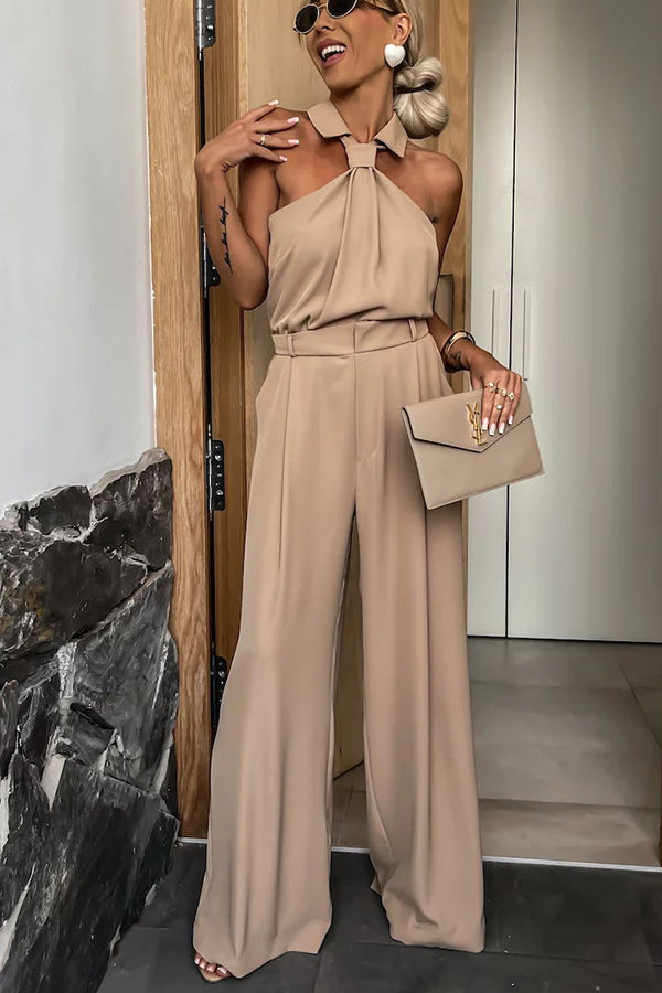 Fashionable Unique Look Halter Shirt Collar Pocketed Wide Leg Jumpsuit