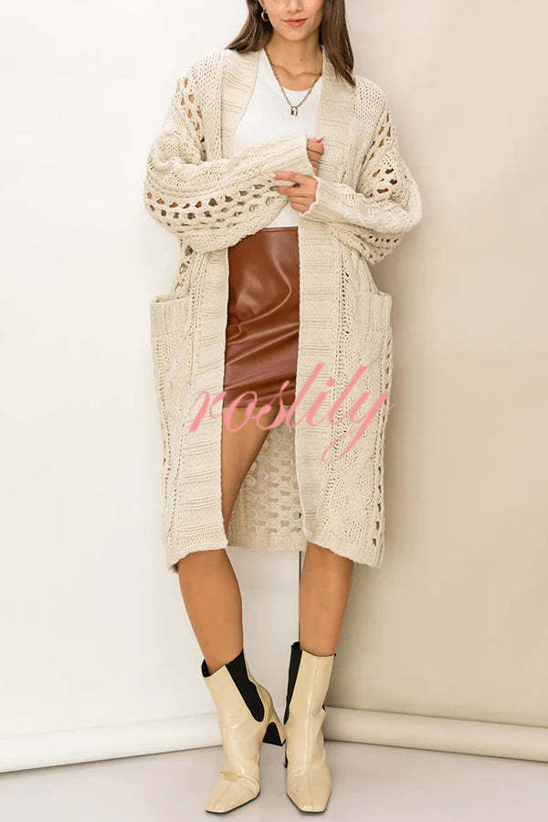 Jamila Knit Cable Cotout Long Sleeve Pocket Oversized Midi Cardigan