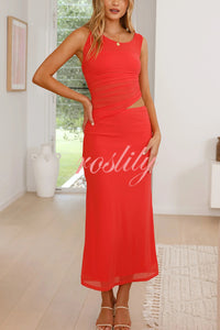 Solid Color Mesh Splicing Waist-baring Slim Maxi Dress