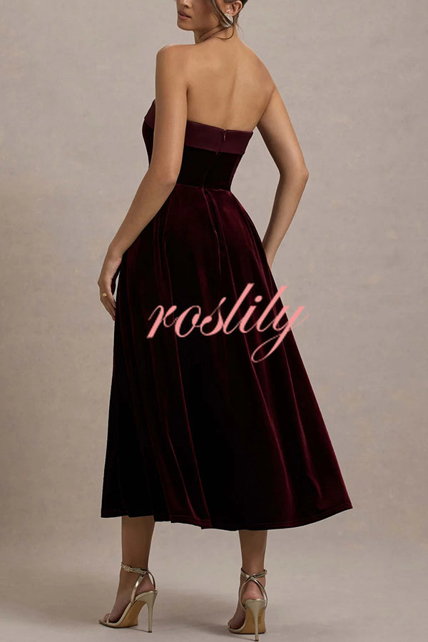 Center of Attention Velvet Satin Neck Bandeau Pleated Midi Dress