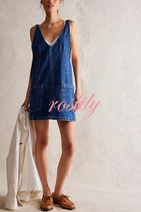 Solid Color Sleeveless V-neck Pocket Adjustable Denim Suspender Mini Dress