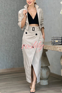 Work Style Lapel Long Sleeve Jacket and Button Belt Pocketed Slit Midi Skirt Set