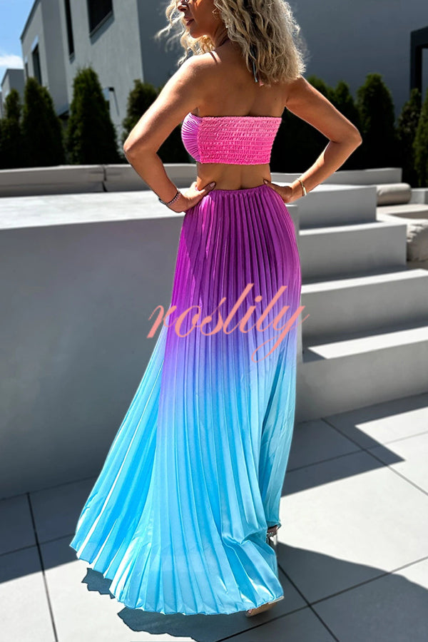 Get Ready Beautiful Gradient Print Cutout Halterneck Pleated Maxi Dress