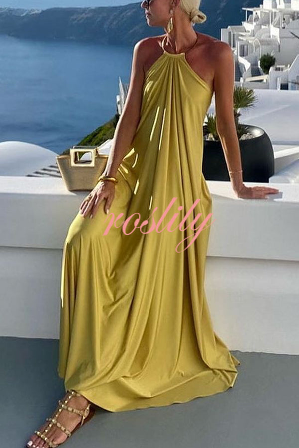 Solid Color Resort Style Halter Neck Open Back Large Hem Maxi Dress