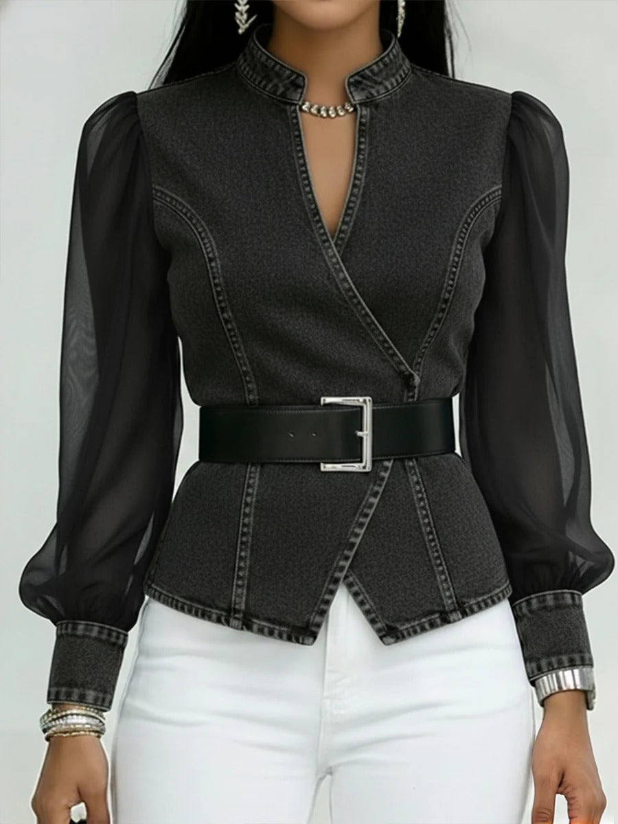 Chic Denim Wrap Blouse With Sheer Puff Sleeves