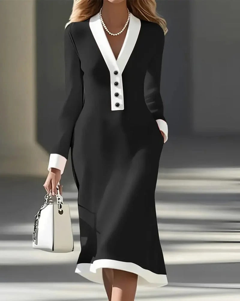 Elegant Contrast V-Neck Long Sleeve Midi Dress