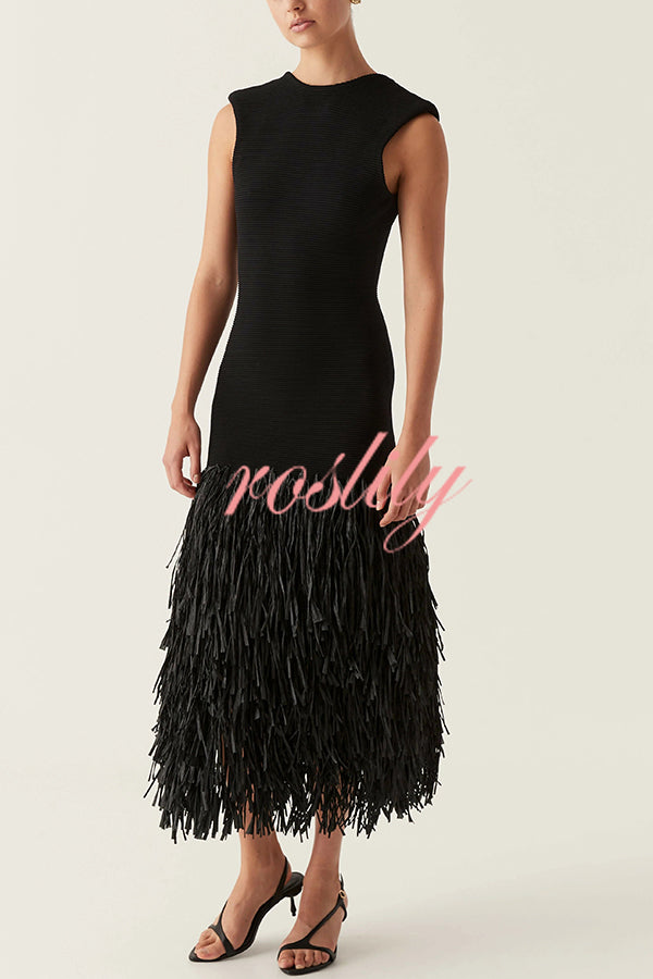 Christie Ribbed Patchwork Tiered Fringed Hem Zipper Backless Maxi Dress